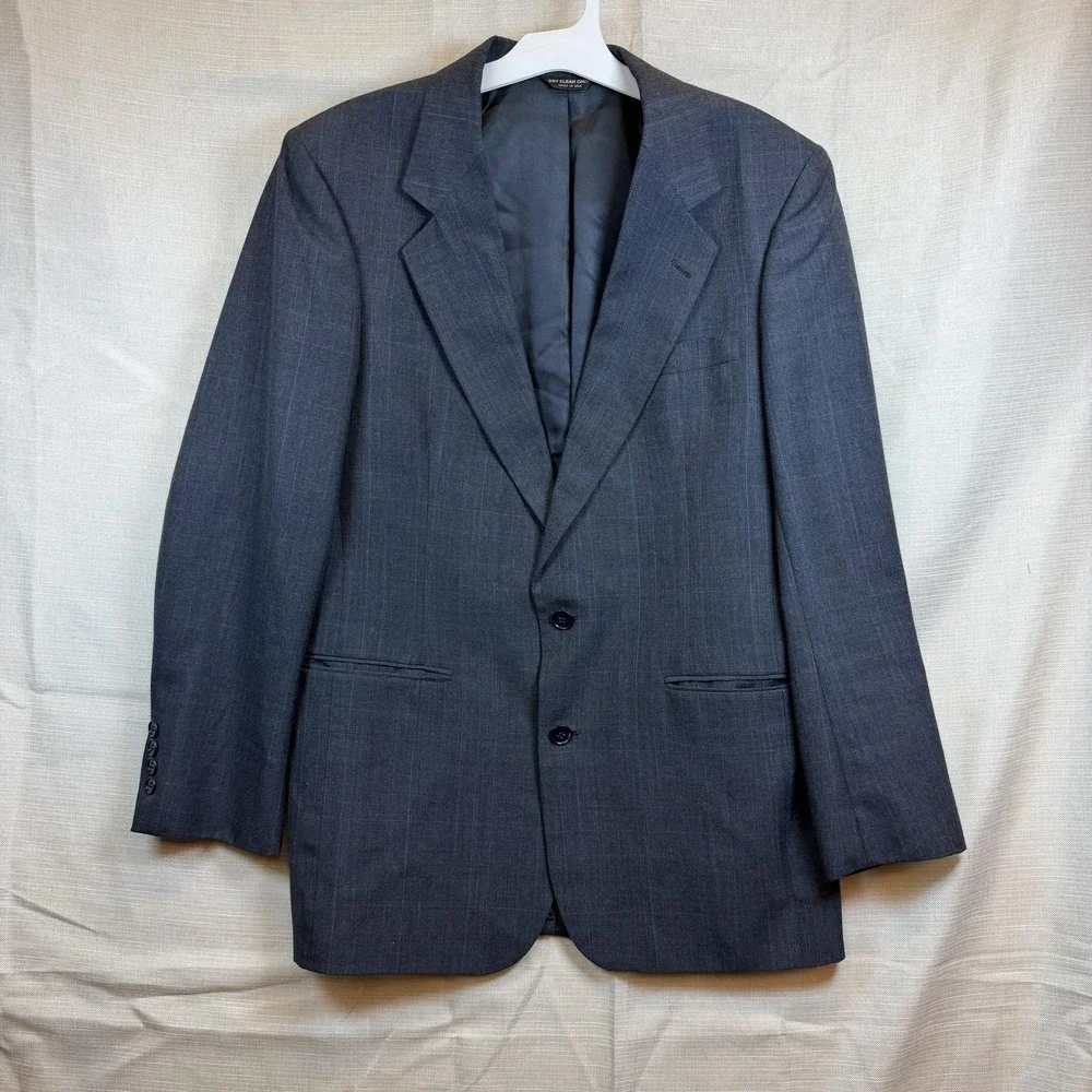 Vintage Bill Blass Suit Jacket Mens 44 Gray Plaid Wool 2 Button Made USA Classic